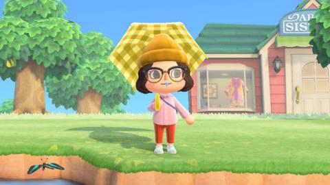An Animal Crossing character with a nose drip but a stylish outfit with a yellow umbrella
