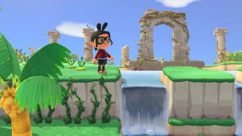 An Animal Crossing villager stands on a cliff surrounded by glowing moss and ruins with vines growing all over them