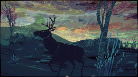 the silhouette of a painted deer stands out against the scenery of a hills in the distance 