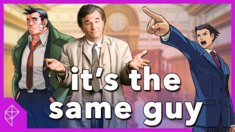 Phoenix Wright pointing at Lt. Columbo and Dick Gumshoe with text at the bottom saying “ It’s the same guy”