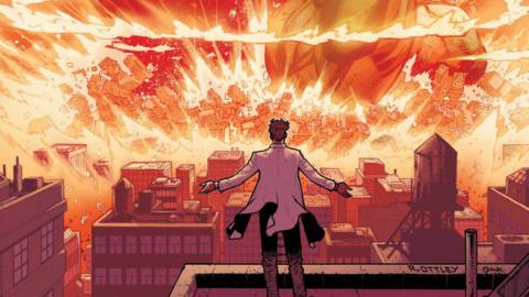 Bruce Banner stands on a rooftop, lab coat billowing as he faces a massive explosion in the distance.