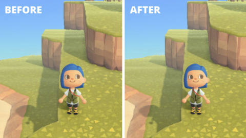 Two side by side, identical images of a villager on an empty stretch of Animal Crossing: New Horizons island, labeled “Before” in the upper left corner of the leftmost image and “After” in the upper left corner of the rightmost image.