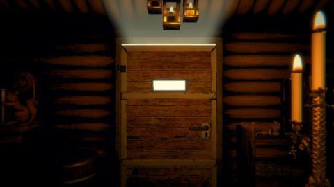 Inscryption - A simple cabin door has a bright light flashing ominously behind it
