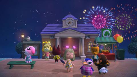 A village watches a fireworks show in Animal Crossing: New Horizons