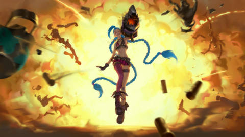 Legends of Runeterra - Jinx, a skinny woman with long blue braids and an assortment of guns, prances happily as a giant explosion blooms behind her.