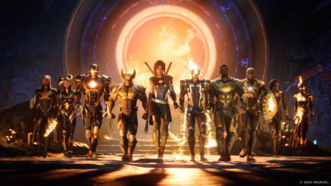 The Hunter, flanked by Wolvering, Iron Man, Blade and others, strides into the frame. Behind them, what looks like a kind of stargate.