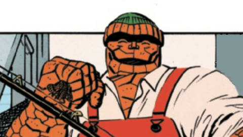 The Thing #1 (2021), Marvel Comics. Ben Grimm in orange fisherman’s coveralls, carrying a net and a fishing pole