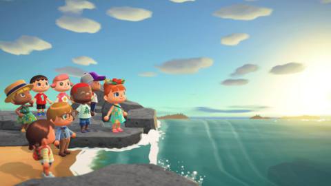 Animal Crossing characters stand at the edge of a cliff and look towards the water ahead of them