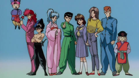From left: Koenma, Kurama, Hiei, Botan, Yusuke Urameshi, Keiko, Shizuru, Kuwabara, Kazuma Kuwabara, and Genkai from the 1992 Yu Yu Hakusho.