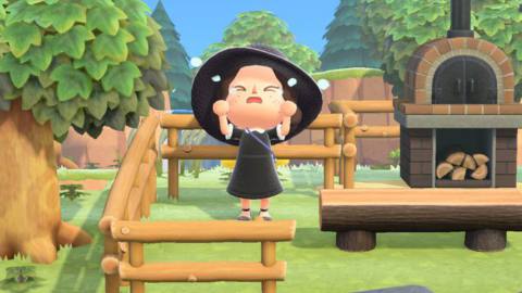 animal crossing character wearing all black and crying