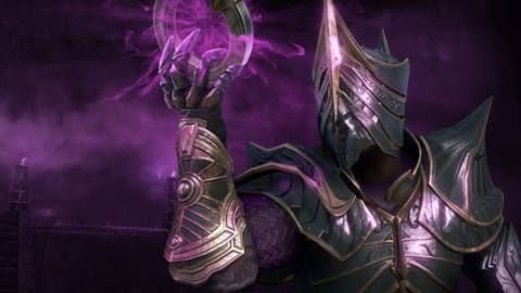 New World - an armored priest stands in the middle of a mysterious purple area, using the powers of a Void Gauntlet