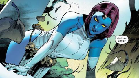 “Shall we vote?” says Mystique as she leans over a table smugly in Inferno #1 (2021).