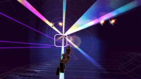 The main character in Rez flies forward while shooting at enemies made up of simple geometric shapes