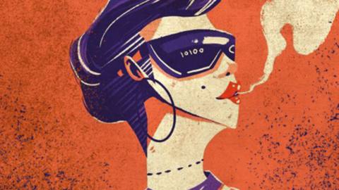 A woman with greasy hair and cyberpunk sunglasses blows out a puff of cigarette smoke against an orange background.