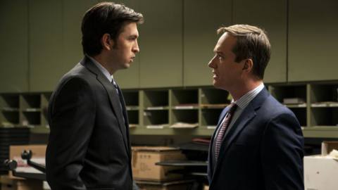 Succession’s Cousin Greg and Tom, looking ardently into one another’s eyes.