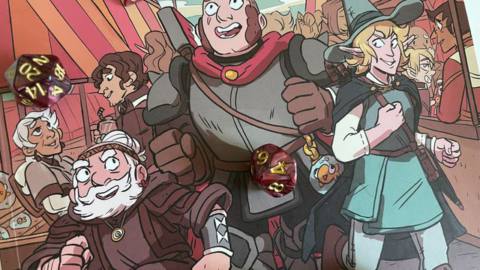 Merle, Magnus, and Taako run through a bazaar in cover art for Vol. 1 of The Adventure Zine.