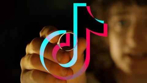 TikTok logo superimposed over a screencap of Pippin holding the One Ring from The Lord of the Rings movie