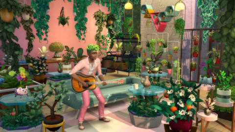 a sim with pink pants and green hair plays a guitar in a room full of plants. looks fun!