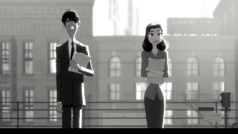 two people stand on a subway platform, rendered in black and white in Paperman