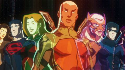 the original young justice lineup, glowing hologram form 