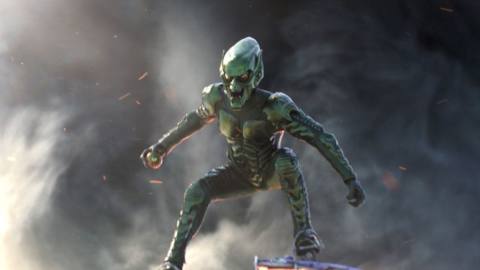 The Green Goblin hovers on his glider in Spider-Man: No Way Home. 