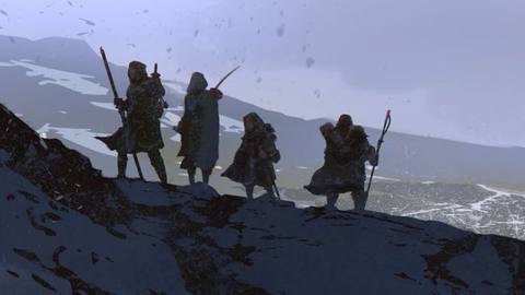 The Fellowship walks across snowy mountains in an impressionistic piece of artwork from The One Ring