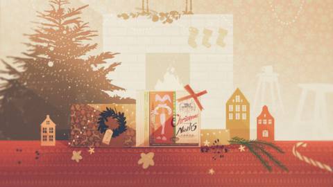 An illustration shows the Japanese Christmas Nights box surrounded a Christmas living room setting with a tree and fireplace