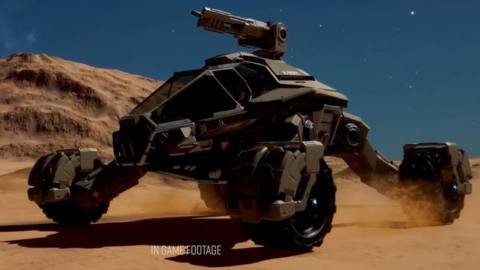 The Scorion in action, cruising on a desert planet with a blue sky. From the release trailer.