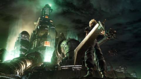 Cloud stands before the Shinra building in artwork from Final Fantasy 7 Remake