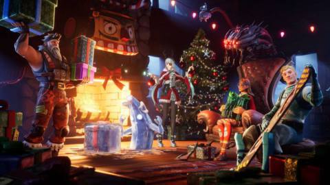 Promotional art for Fortnite Winterfest 2021, featuring various heroes around a fire while a Matrix Sentinel watches