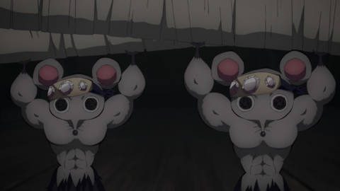 two buff, animted mice (like really muscular) hold carry swords above their heads