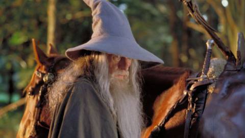 Gandalf standing next to a brown horse in The Lord of the Rings: The Fellowship of the Ring