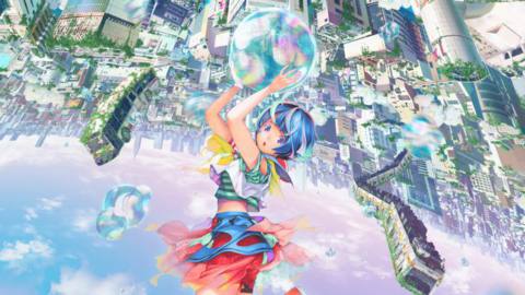 An image from the key art for the original anime movie Bubble, with a girl in colorful clothing hanging by a bubble above a bright city