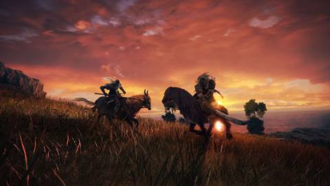 Two characters on horses face off at sunset in a screenshot from Elden Ring