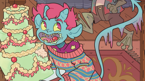 A monster in a cableknit sweater runs off with a wedding cake. The colors are bright pastel with earthy midtones.