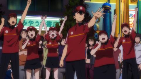 Satan striking a pose in front of his co-workers in The Devil is a Part-Timer!