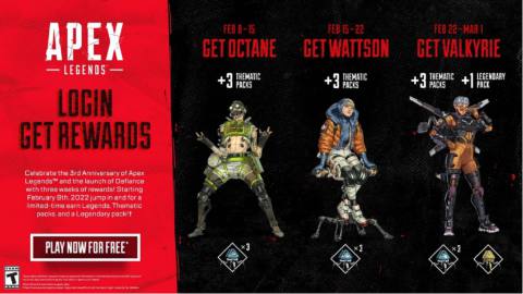 Apex Legends three-year anniversary rewards players free packs and Legends through February