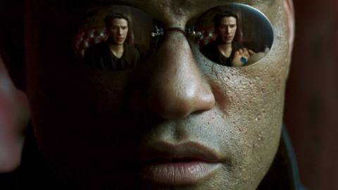Morpheus close up on mirror sunglasses and neo picking red or blue pill in The Matrix