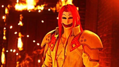 Sephiroth dressed as Ronald McDonald with fiery flames all around him