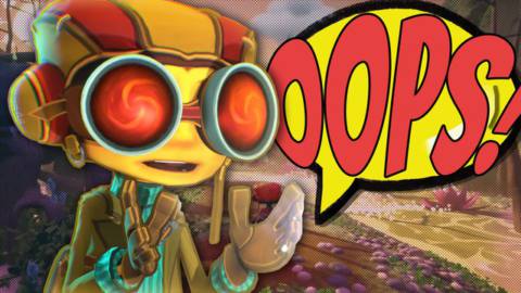 Raz from Psychonauts 2, a young boy with big red goggles, stands with his hands up. A big yellow speech bubble with text that reads “OOPS” is behind him.