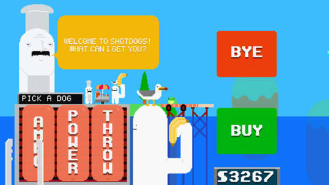A colorful screenshot of shotdog. It’s done in a 2D art style and shows a dock and there’s a seagull on it.