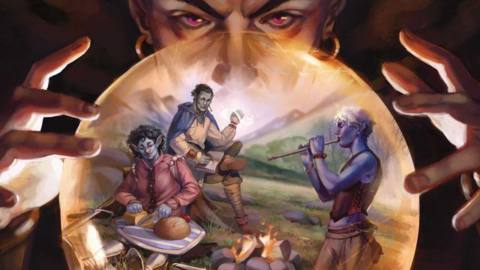 Mordenkainen stares into a crystal ball. Inside, a group of adventurers has a picnic.