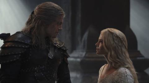 Geralt and Ciri looking at each other in a still from The Witcher season 2