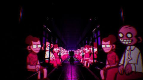 a group of 2d drawn characters sit on a the chairs of the subway. a person walks down the middle as glowing, empty eyes stare at them