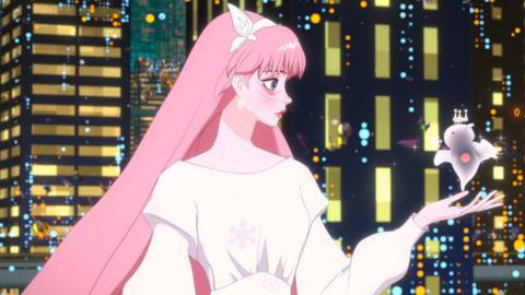 The protagonist of Mamoru Hosoda’s Belle, a pink-haired woman with elaborate facial tattoos, examines a small transparent angel-ghost perched on her hand