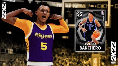 Video game likeness of Paolo Banchero, flexing triumphantly and wearing a blue jersey that says POWER WITHIN.
