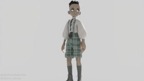 a character wearing plaid shorts and high socks looks into the distance. they stand against a white background. 