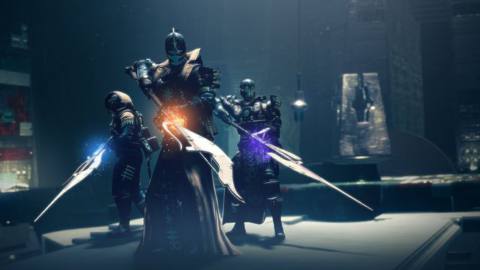 Three Guardians holding their new Exotic Glaives in Destiny 2: The Witch Queen
