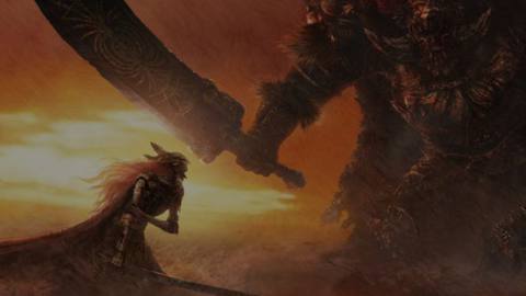 An image from the opening cutscene in Elden Ring, in which a warrior with a very long sword faces off against a giant being