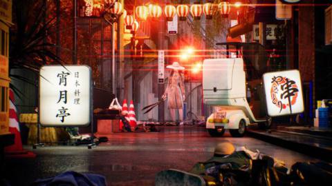 A monster woman carrying large scissors inhabits a rain-soaked Tokyo alleyway in Ghostwire: Tokyo